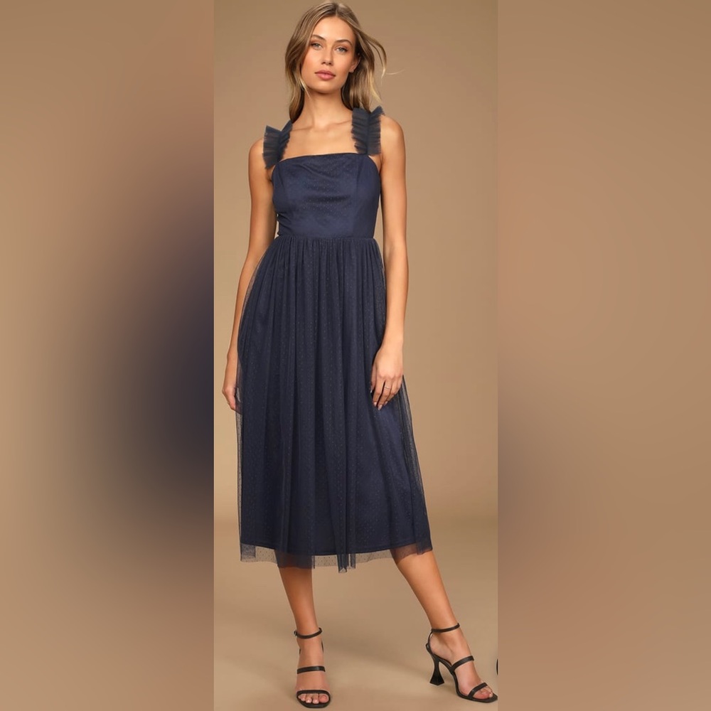 Lulu’s Divine Invitation Navy Blue Swiss Dot Ruffled Midi Dress